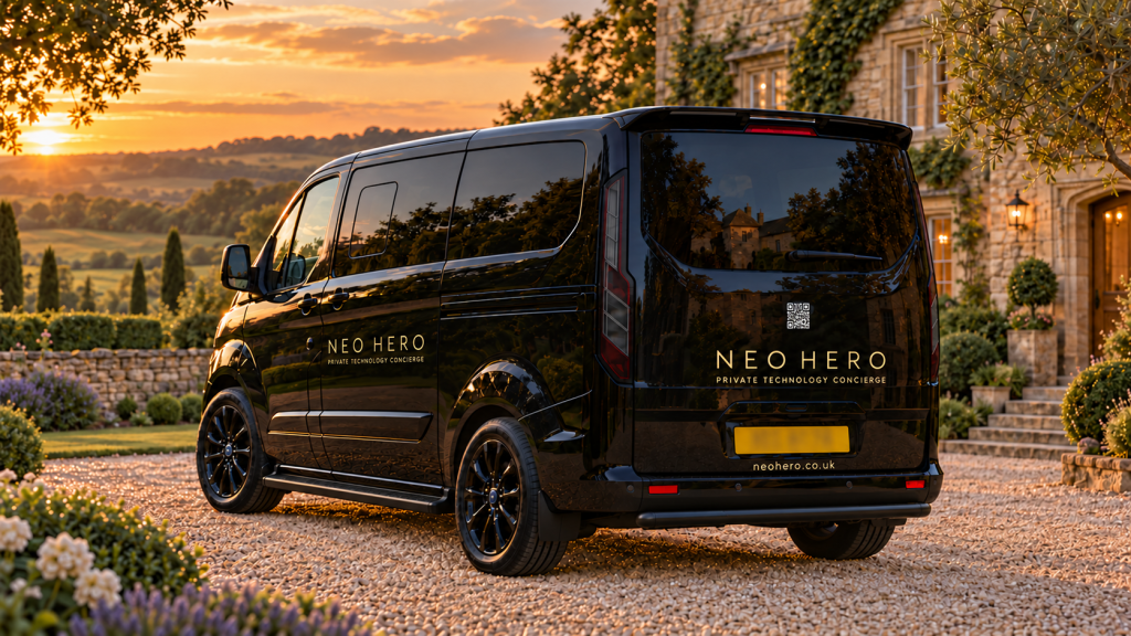 Black Neo Hero van with gold wordmark branding outside a country home at sunset.