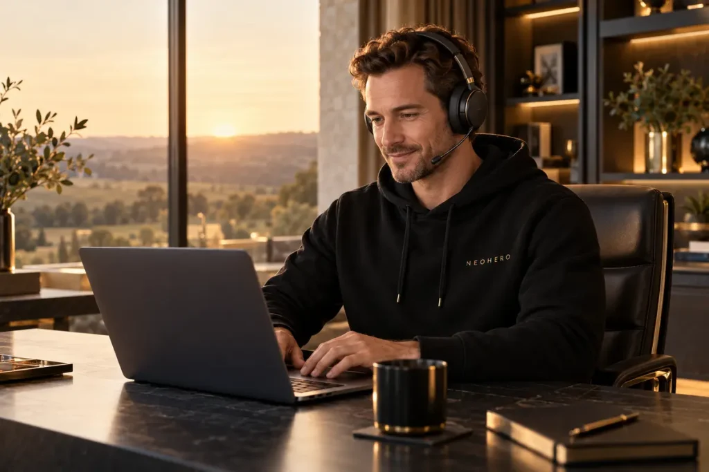 NeoHero remote support specialist wearing a black branded hoodie and a headset at golden hour