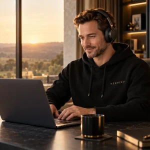 NeoHero remote support specialist wearing a black branded hoodie and a headset at golden hour