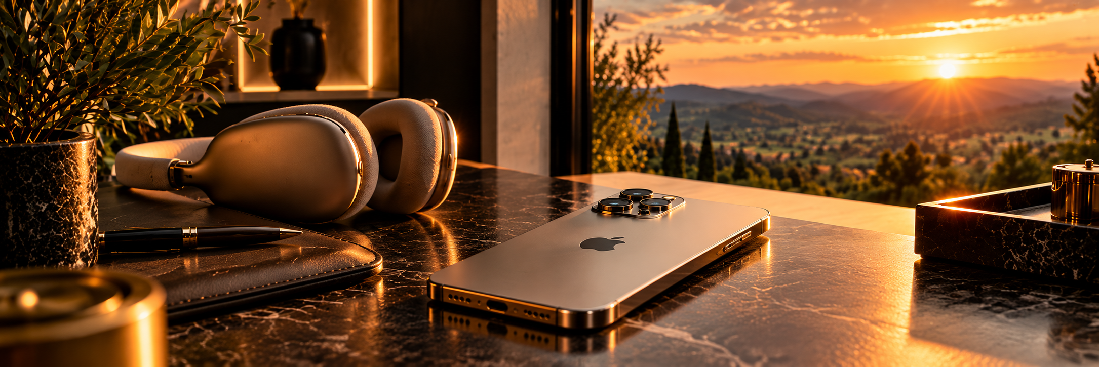 Phone and headphones on a desk at golden hour