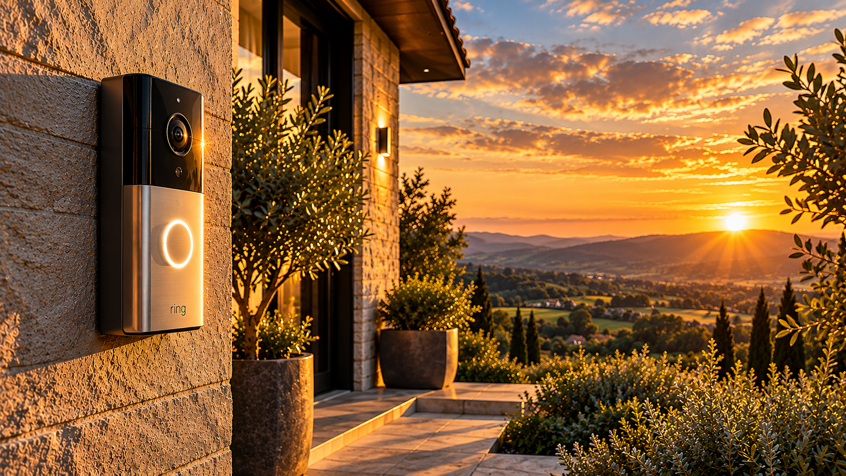 Smart doorbell overlooking a sunlit landscape
