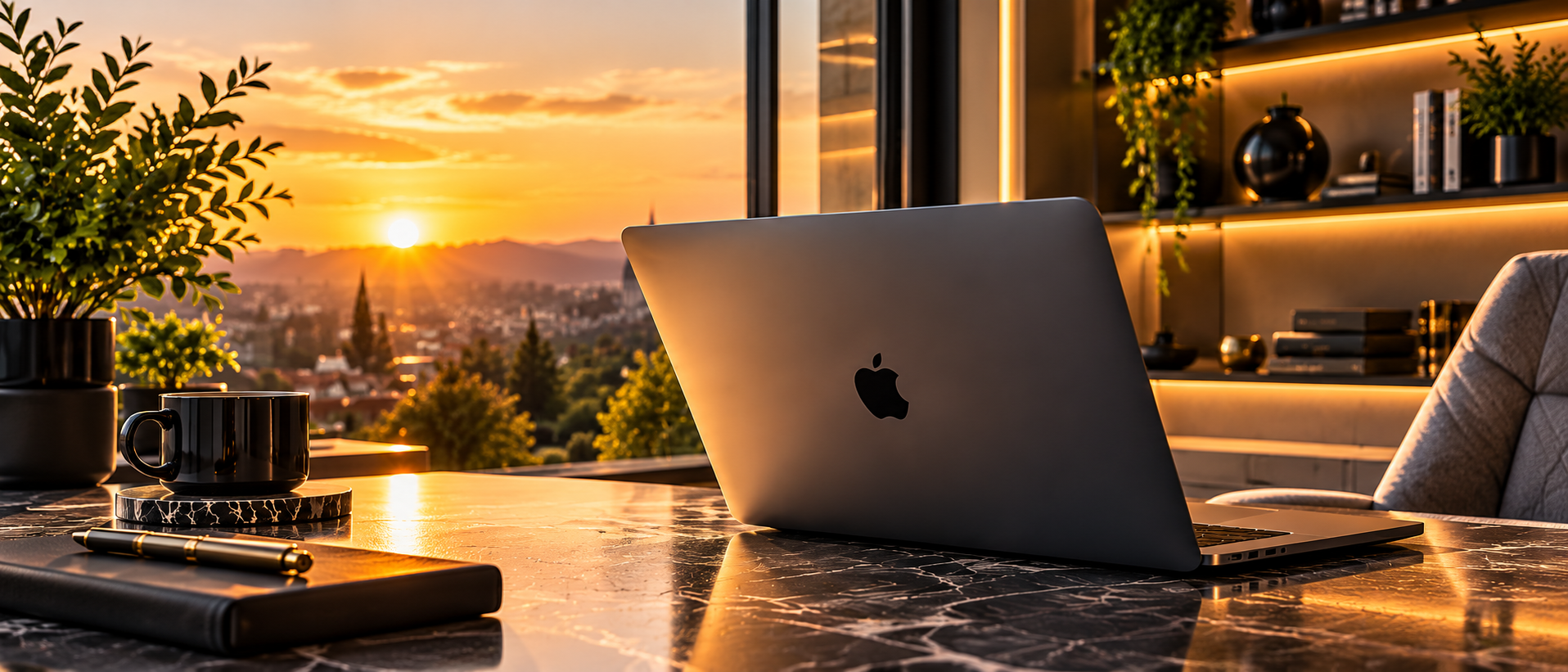 Laptop in a warm, contemporary home workspace