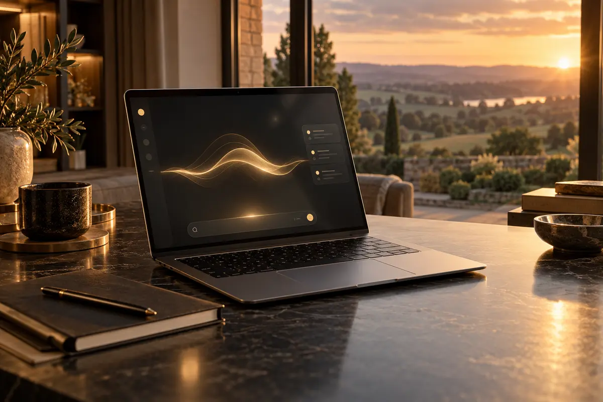 Laptop displaying a gold AI assistant interface in a peaceful home at sunset