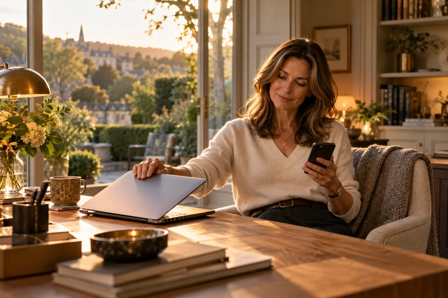 A professional woman using her phone in an elegant home workspace.