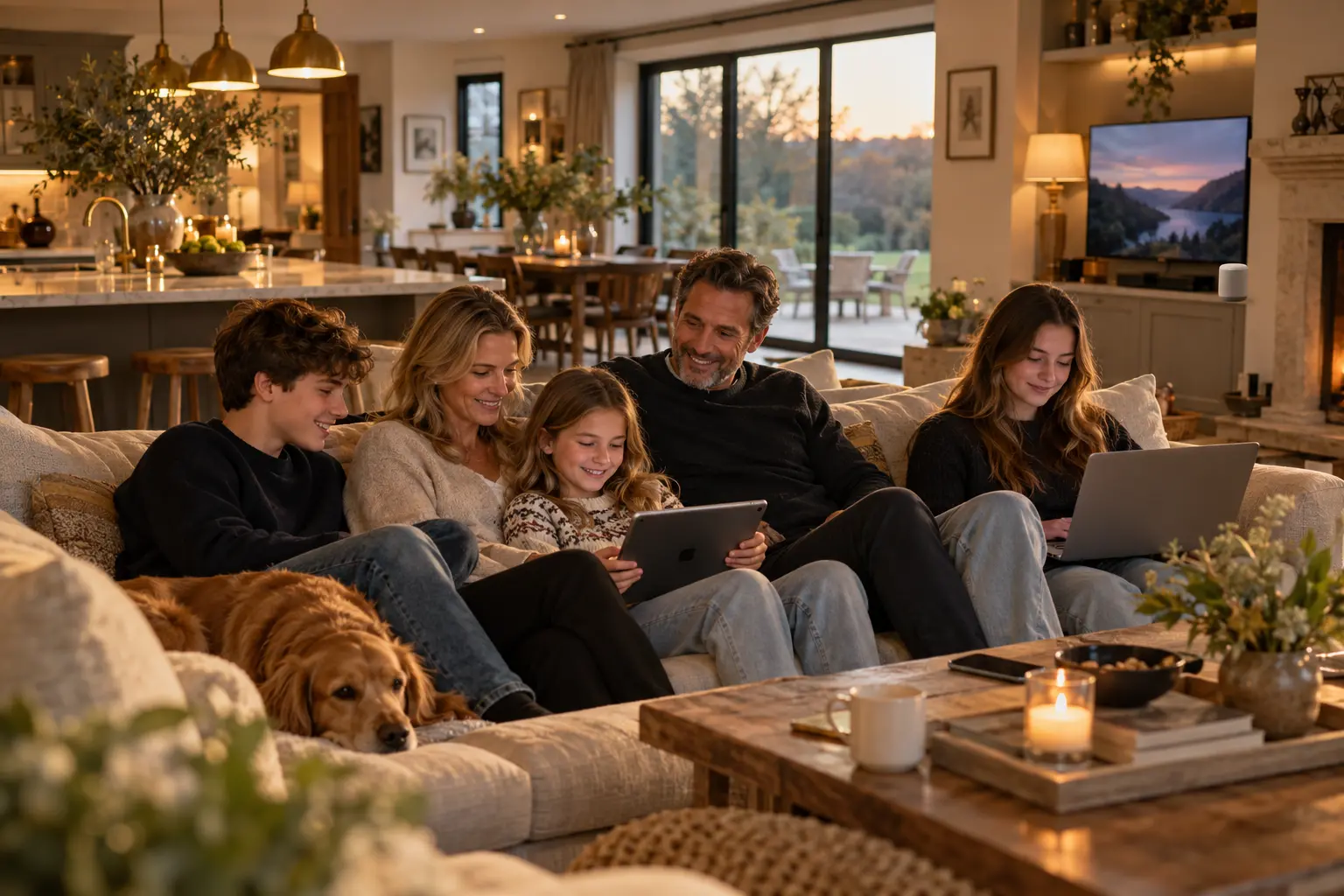 Parents and three children enjoying their devices together in a spacious family home.