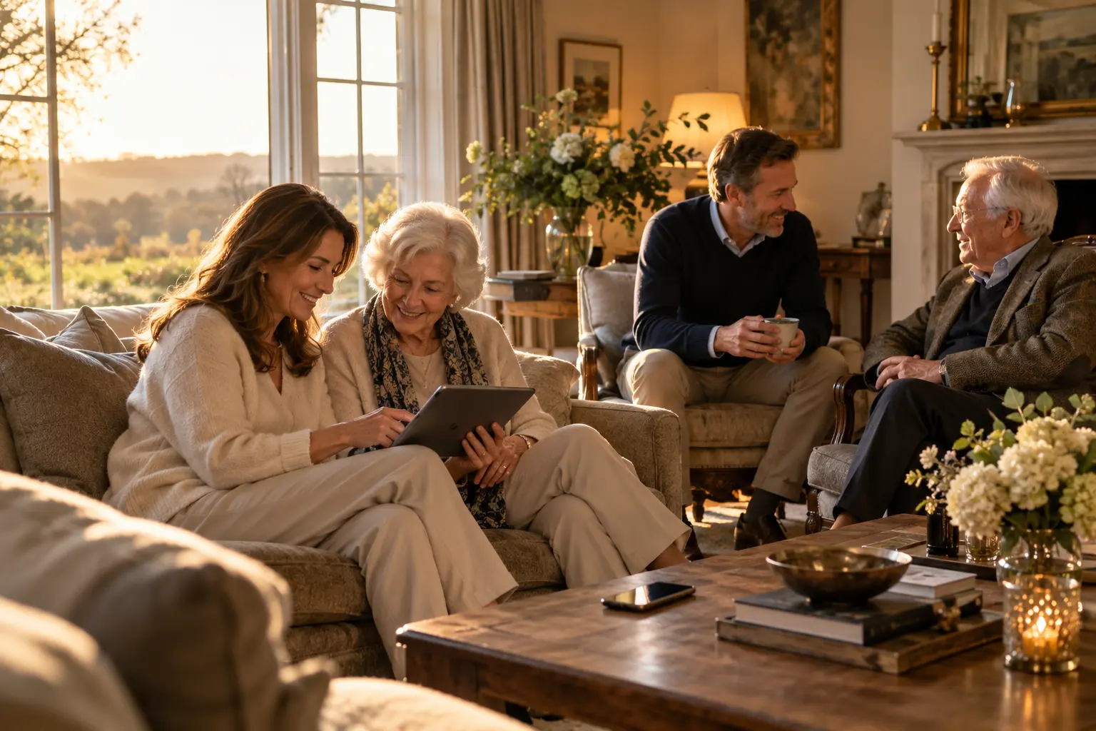 An adult couple and elderly parents sharing a relaxed moment with a tablet.