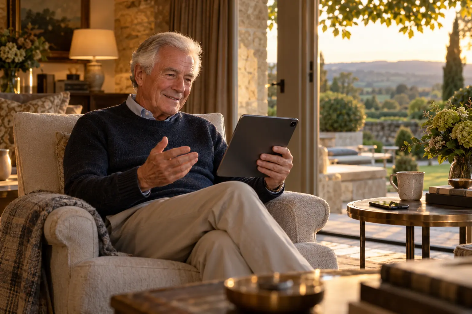 An older gentleman enjoying a tablet video call in his country home.