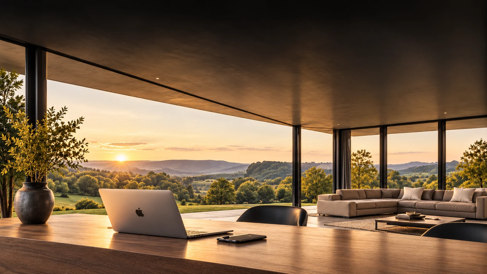 A laptop in an elegant country home, beneath a sweeping dark ceiling overlooking the sunset.